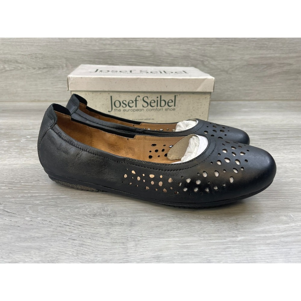 Josef‎ Seibel Pippa Womens Ballet Flat 7 Black Perforated Leather Slip-On Shoes